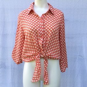 Excuse Me Miss Peach Polka Dot Tie Waist Blouse Md